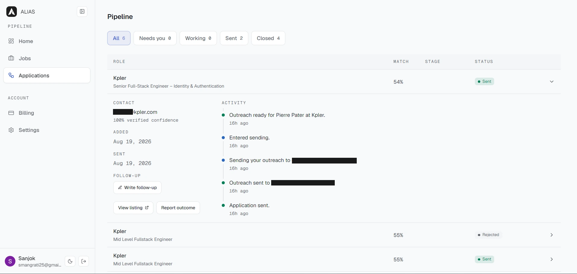 The Alias pipeline screen: a list of applications with a match score, stage and status for each, and one row opened to show the contact, the dates and the activity log for that application.
